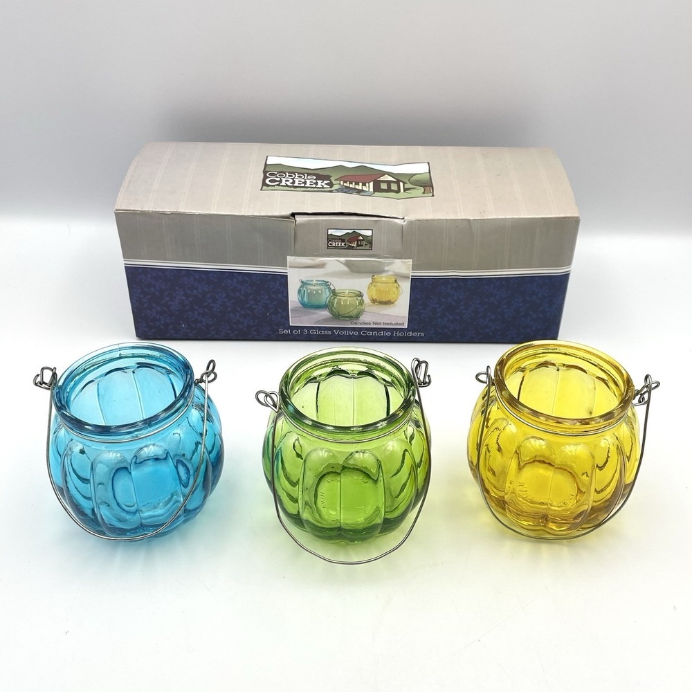 Cobble Creek Set of 3 Glass Votive Tea Light Candle Holders w/ Wire Handles